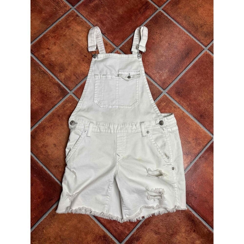 True Religion White Distressed Denim Shortall Overalls Size Small